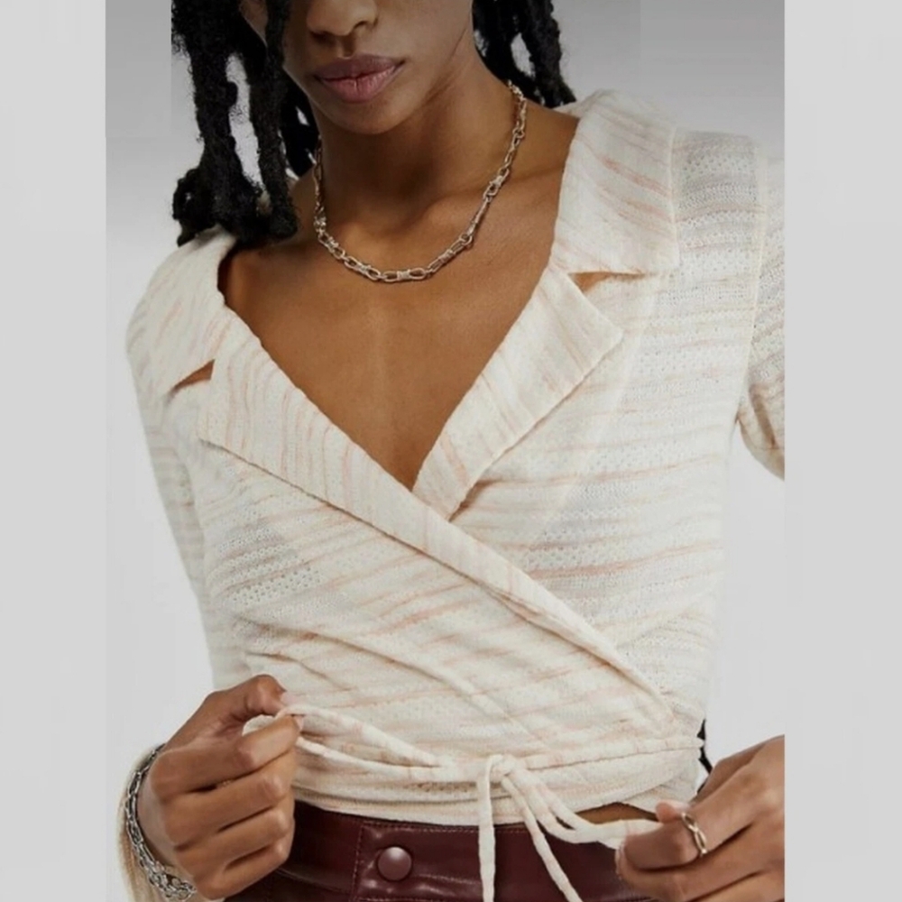 Free People Cream V-Neck Collared Wrap Top